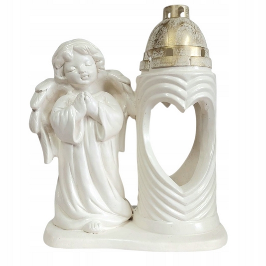 Srdcový Hrobkový Sviečnik z Bielo-Zlatého Sadry s Anjelskou Figúrkou - 32 cm